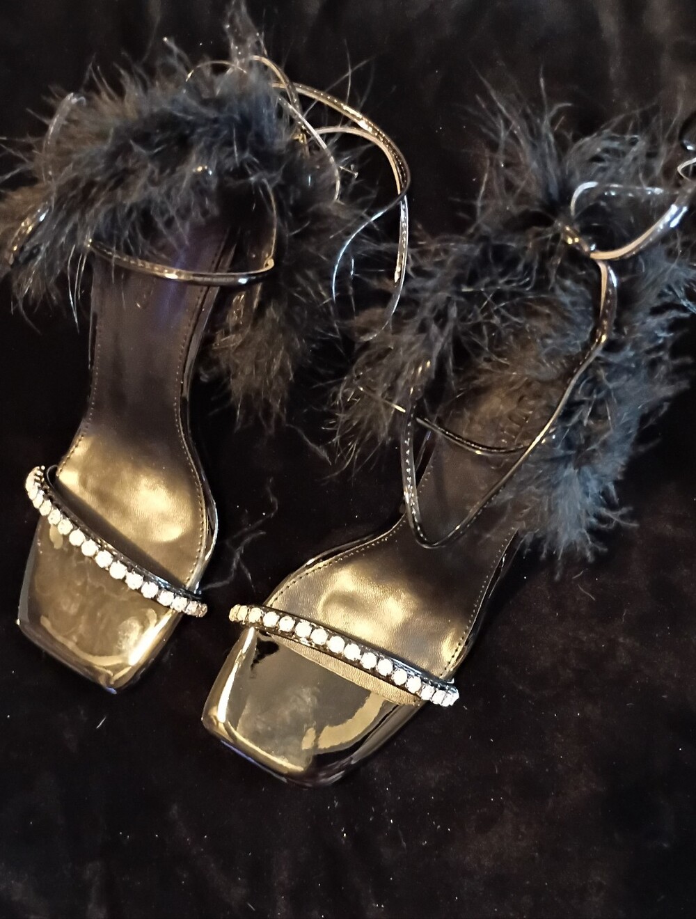 Coutgo Black Strappy Feather Lace Up Rhinestone Stiletto Size 7.5